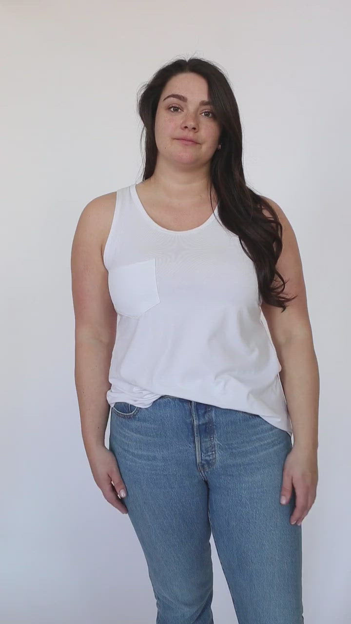 video of a woman showing off the Sunset tank in white